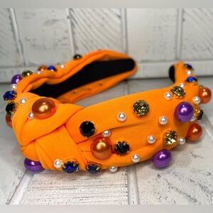 Headband Top Knot Halloween Orange Multi Colors, Faux Pearls & Gems NEW